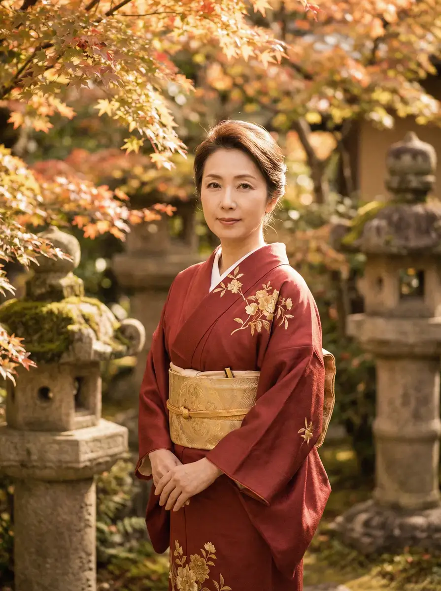 一位身穿暗红色和服的优雅 桃乃木 在日式庭院中